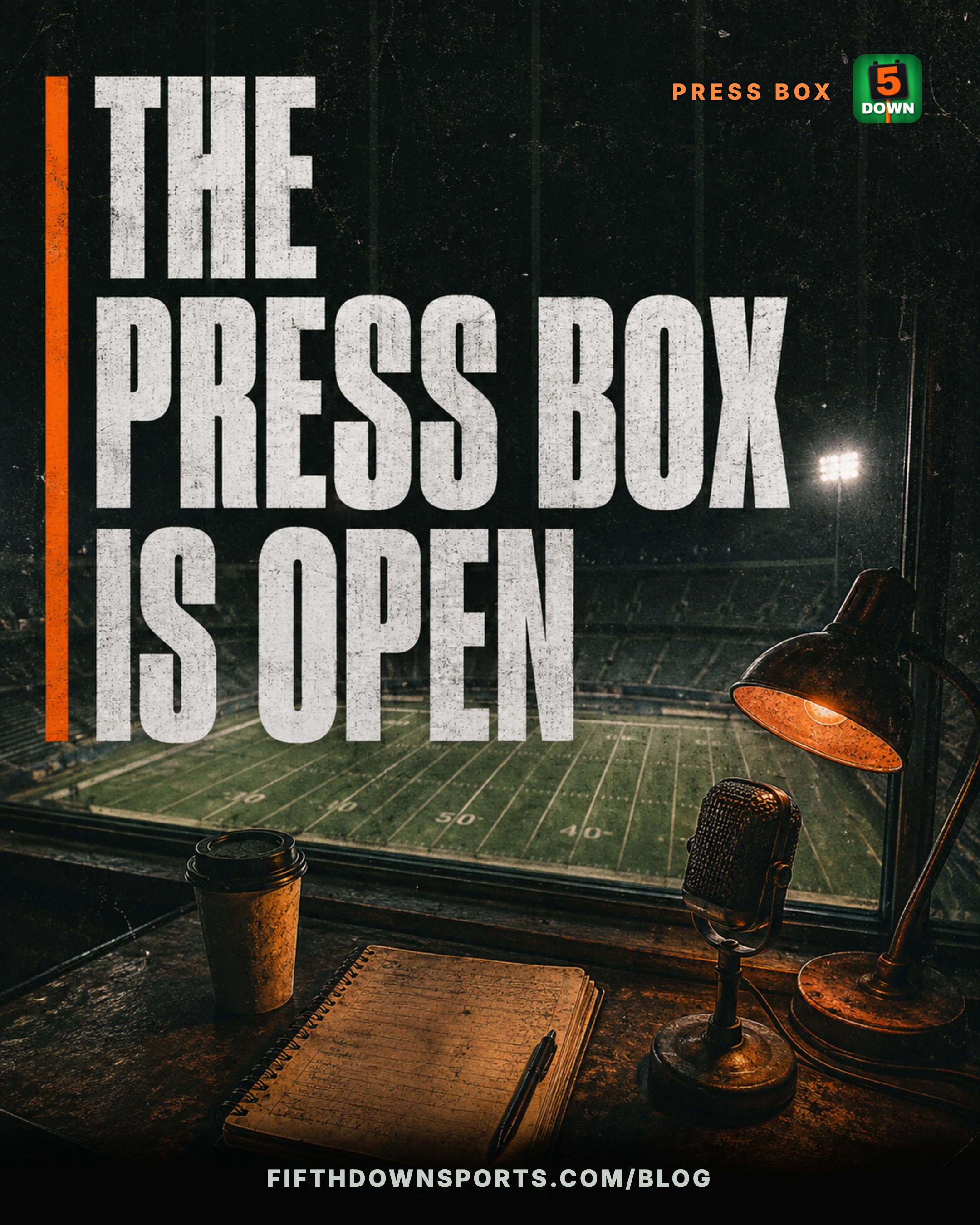 The Press Box is open — a writing desk overlooking the field at night