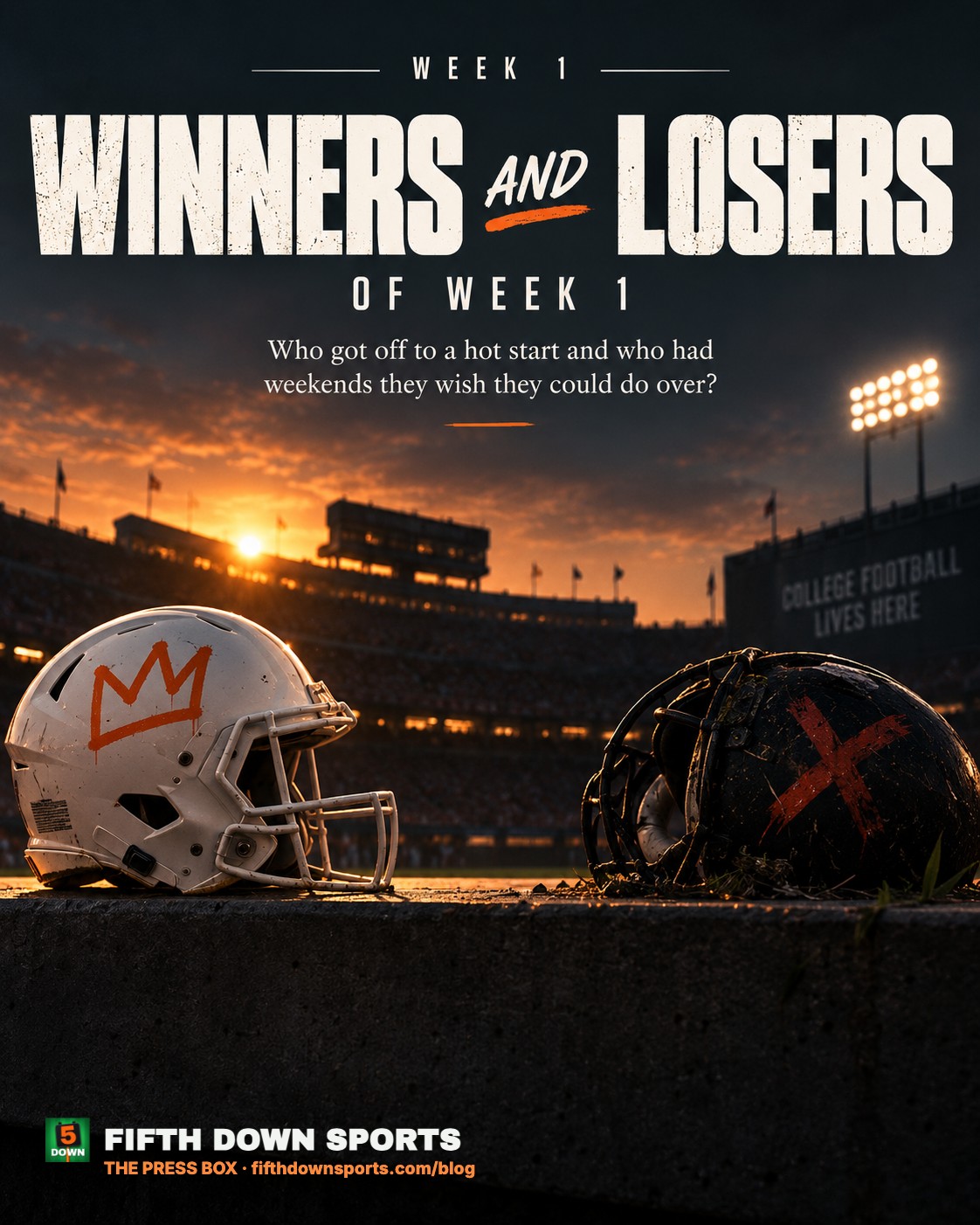 Two helmets on a stadium wall at sunset — one crowned, one marked with an X